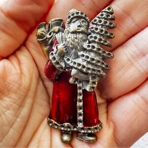 Vintage ASO Santa Claus Brooch Red Enamel Tree Holiday Pin